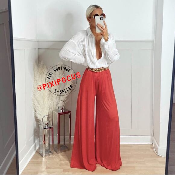 ZARA SATIN EFFECT FLOWY PANTS MARSALA XS - Picture 1 of 14